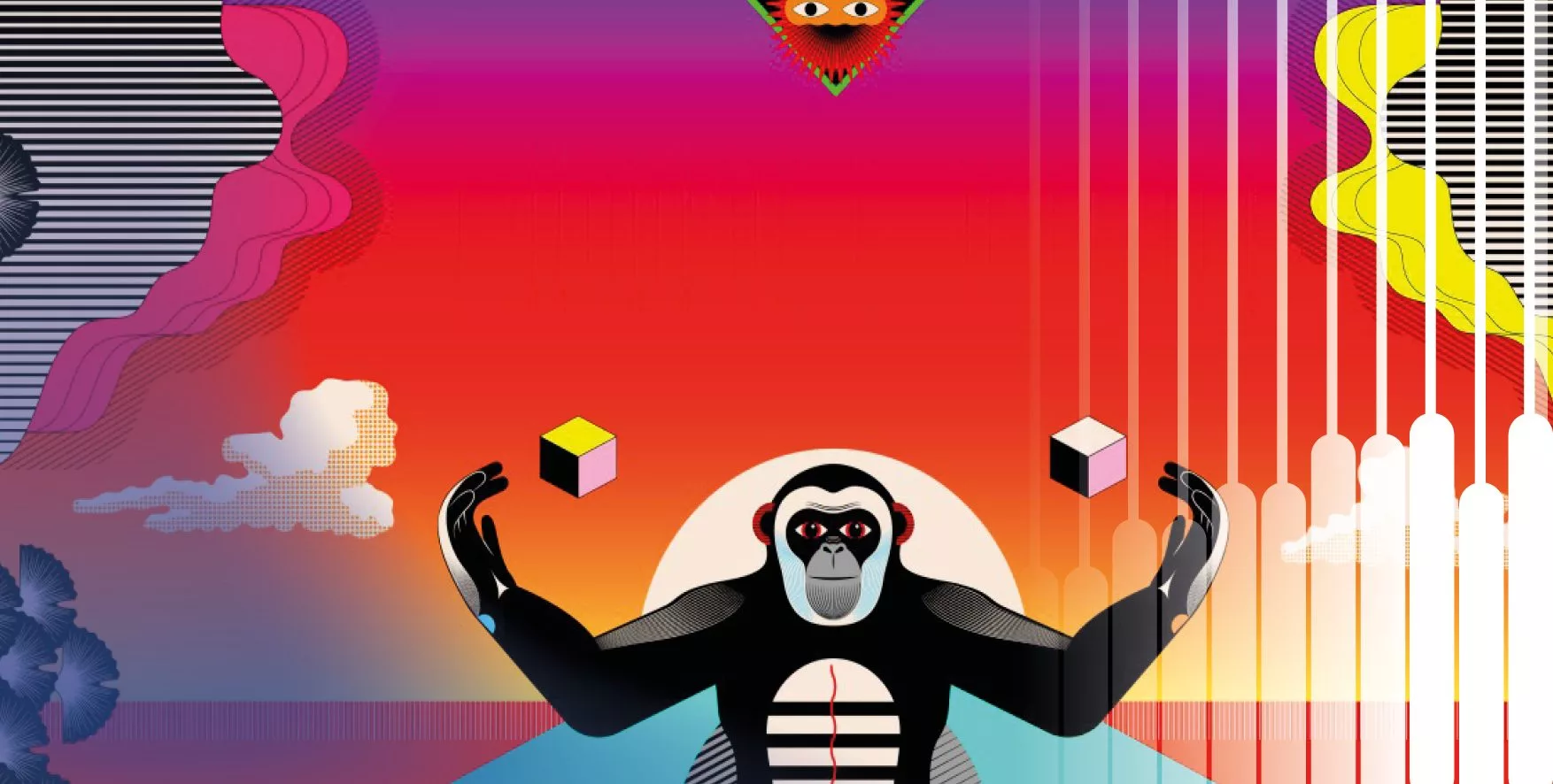 Gorille jonglant avec des cubes colorés sur fond vibrant.