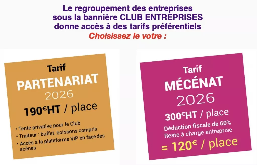 Tarifs préférentiels pour le CLUB ENTREPRISES 2026.