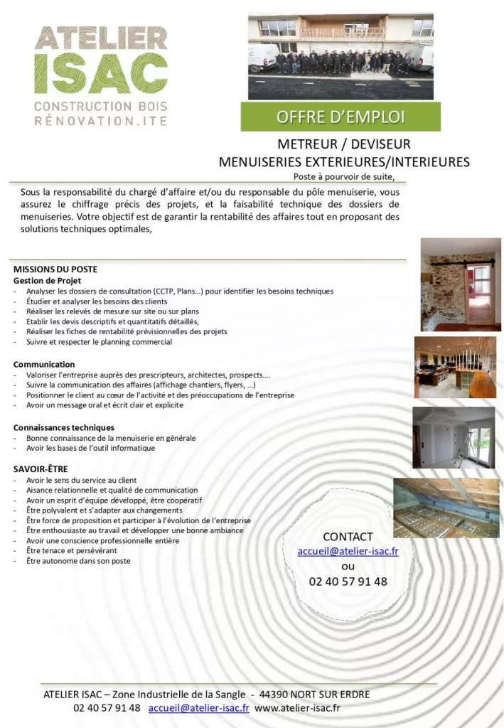 Offre d’emploi métreur deviseur menuiserie