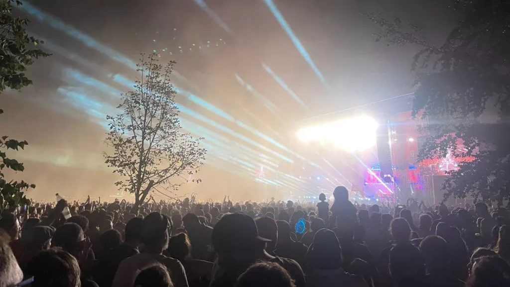 Foule dense à un concert nocturne en plein air